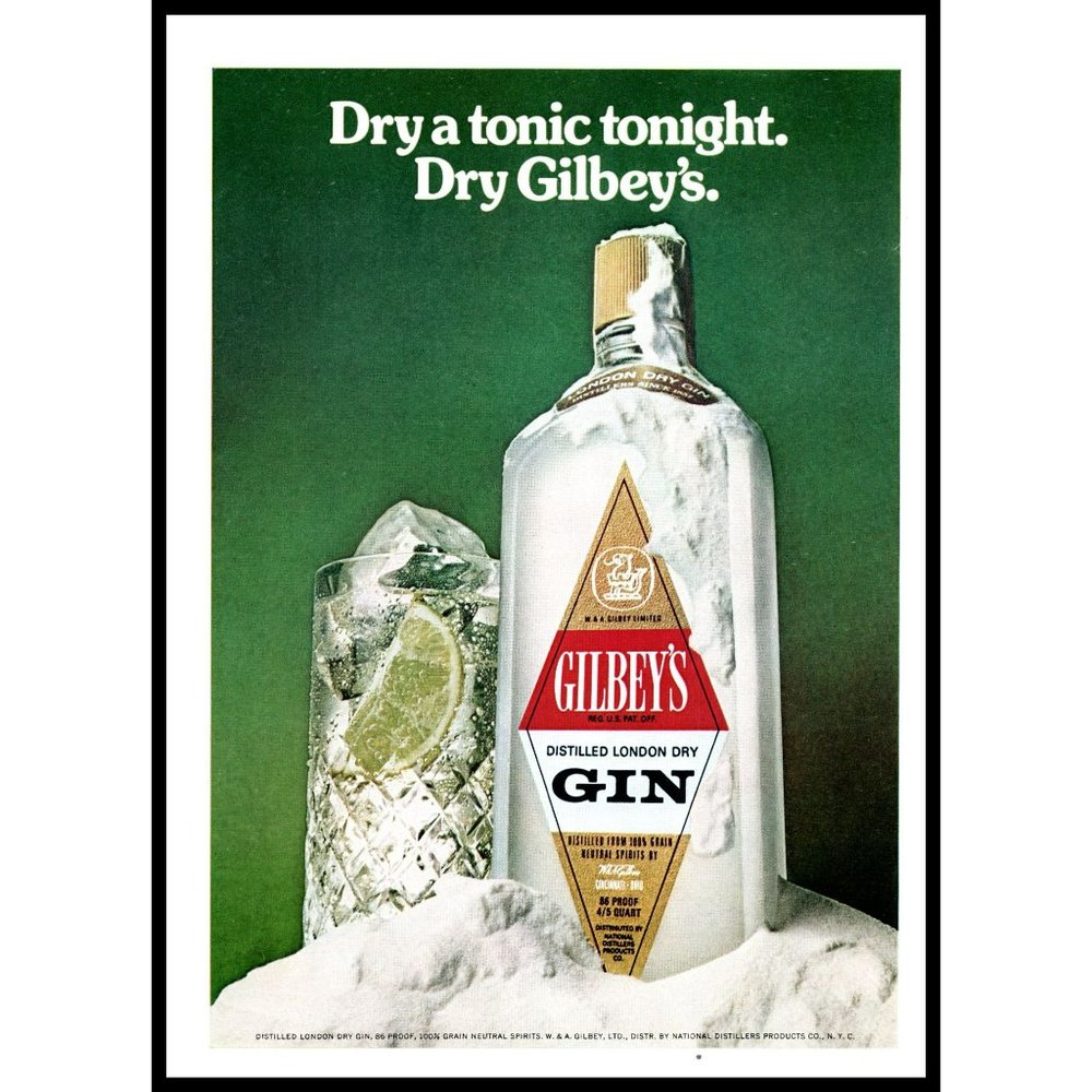 1974 Gilbey's Dry Gin Tonic Vintage Print Ad Highball Ice Frozen Bottle Wall Art